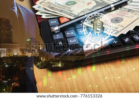 Double exposure of Businessman hand holding interface of bitcoin and Calculator and dollar money with stock market or financial graph for financial investment concept.
