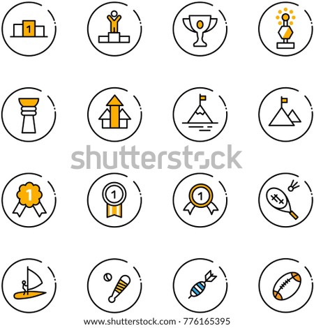 line vector icon set - pedestal vector, winner, gold cup, award, arrows up, mountain, medal, badminton, windsurfing, baseball bat, dart, football