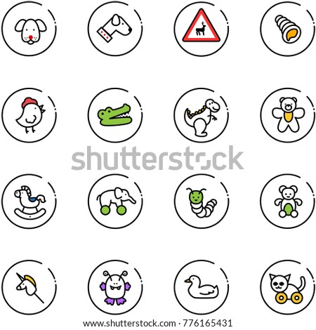 line vector icon set - dog vector, wild animals road sign, shell, chicken toy, crocodile, dinosaur, bear, rocking horse, elephant wheel, caterpillar, unicorn stick, monster, duck, cat