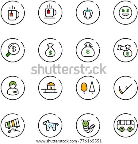 line vector icon set - tea vector, sweet pepper, dollar smile, money search, bag, encashment, manager, bungalow, forest, scythe, xylophone, toy horse, caterpillar, bus