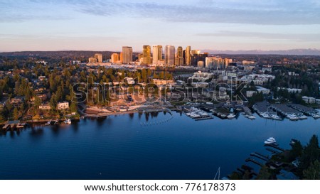 Panoramic Aerial Landscape View of Bellevue Washington Waterfront City Skyline