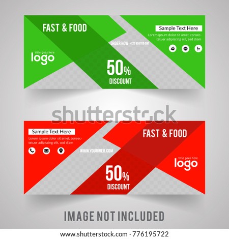 Set of food & restaurant web banners in standard sizes. Templates with place for photo and diagonal stripes and button. Vector illustration
