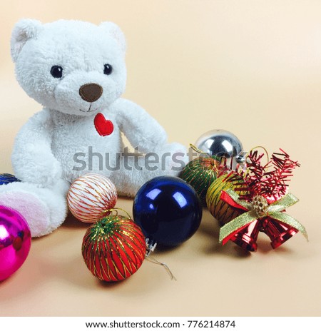 White Teddy Bear with Santa and Christmas Decoration