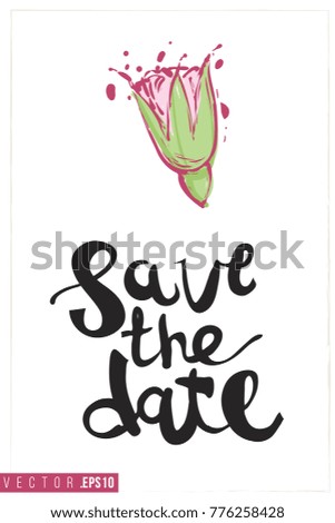 Bridal greeting card with flower bud and text: save the date. Tender pink composition for wedding, nuptials, hen-party invitation cards. Isolated vector art in watercolor style.