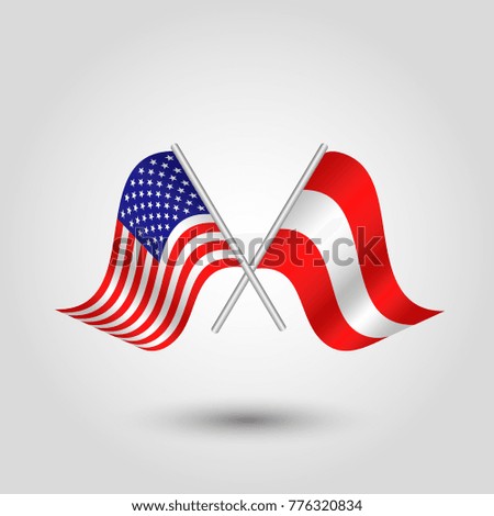 vector two crossed american and austrian flags on silver sticks - symbol of united states of america and austria