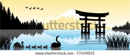 Vector Lake with Torii Gate, Swan and Fuji in Japan