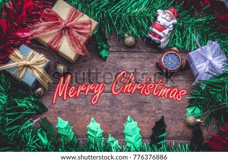 Merry christmas background and happy new year gift background on wood copy space