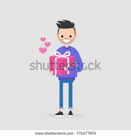 Saint Valentines Day. Young character holding a decorated wrapped gift box. Love. Relationships. Flat editable vector illustration, clip art