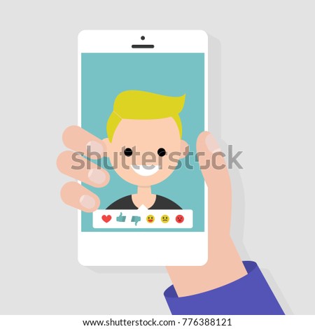 Social media icons. Reactions: thumbs up, thumbs down, emoji. Rate the photo. Millennial character. Hand holding a smartphone. Flat editable vector illustration, clip art