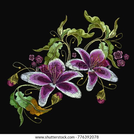 Embroidery tiger lily, flowers orchids. Beautiful tropical orchids flower. Classic style embroidery. Template for clothes, textiles, t-shirt design 