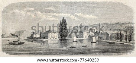 Old view of Neuchatel, the capital of Swiss canton of the same name. Created by Freeman, published on L'Illustration Journal Universel, Paris, 1857