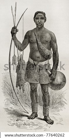 Old illustration of native of the Ouzinza region, Uganda. Created by Bayrad, published on Le Tour du Monde, Paris, 1864