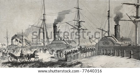 Old illustration of Emperor of Russia Alexander II landing in Kiel, Germany. Created by Hintz and Godefroy-Durand,  published on L'Illustration Journal Universel, Paris, 1857