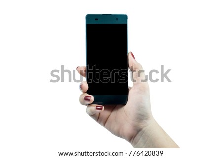 Businessman woman hand holding smart phone on white background with clipping path
