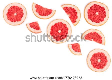 Grapefruit slices isolated on white background with copy space for your text. Top view. Flat lay pattern