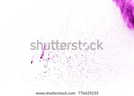 abstract violet powder explosion on  white  background. abstract violet dust  splatter on white background. Freeze motion of purple powder splash.