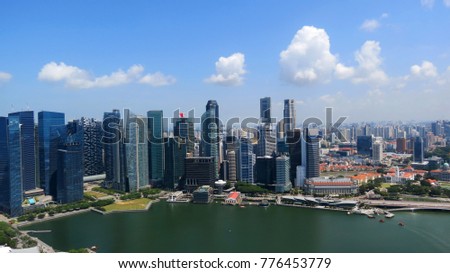 Panorama of the downtown Singapore from the roof of the Marina Bay hotel 