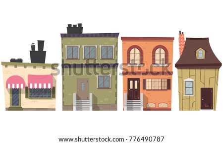 Set of antique cartoon houses in European style on white isolated background. Vector illustration