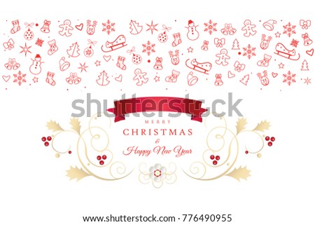 Christmas and Happy New Year greeting card with christmas symbols ornament, reindeer, snowflakes, snowman, christmas ball, gingerbread, icons, winter holiday banner logo isolated element illustration