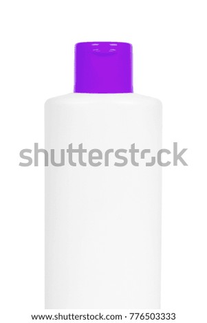 Plastic white shampoo bottle with orange cap isolated on white background. Gel dispenser for hair care. Container with body lotion. Half bottle photo