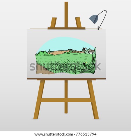 Rural landscape with houses. Plowed field. Hand drawn vector stock illustration.