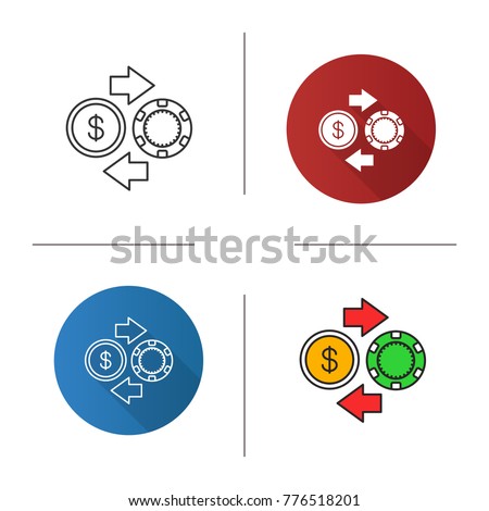 Gambling chips and cash money exchange icon. Flat design, linear and color styles. Real money casino. Isolated vector illustrations