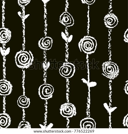 Black and white floral seamless pattern with roses flowers like kid`s drawn crayon, chalk or pencil. Stroke stripes hand drawing vector background. Like child`s art style blossom meadow.