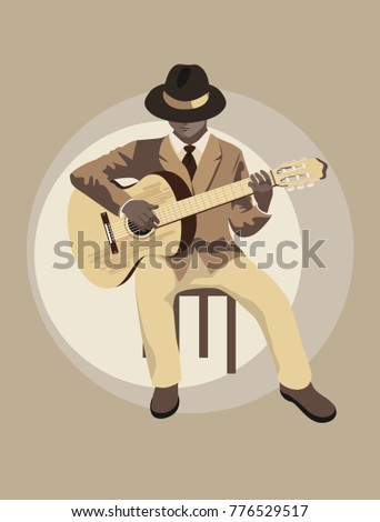 Stylized vector illustration of a man playing acoustic guitar. Sepia color background.