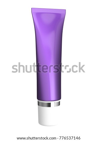 3D realistic render of purple glossy cream or lotion cosmetic tube. Template for cosmetic care product. With white cap or lid. Isolated on white background. Clipping path