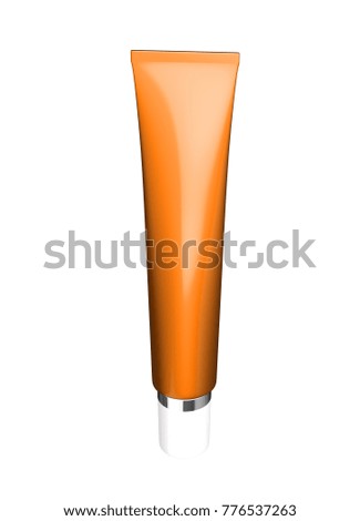 3D realistic render of orange glossy cream or lotion cosmetic tube. Template for cosmetic care product. With white cap or lid. Isolated on white background. Clipping path