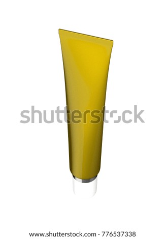 3D realistic render of yellow glossy cream or lotion cosmetic tube. Template for cosmetic care product. With white cap or lid. Isolated on white background. Clipping path