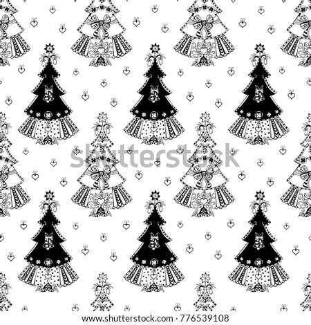 Christmas trees. Seamless pattern. Doodle and zentangle style. Hand drawn coloring book. Vector illustration.