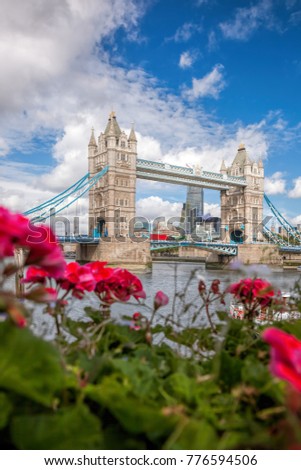 Tower Bridge with flowers in London, England, UK