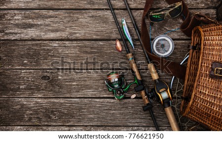 Fishing tackle background. Royalty-Free Stock Photo #776621950