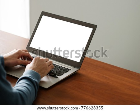 e-commerce advertisement. Laptop computer with white screen. Modern technology