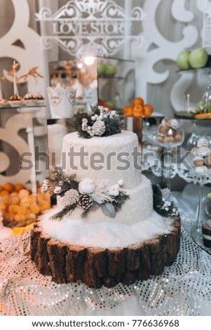 The wedding buffet is decorated in the winter theme.