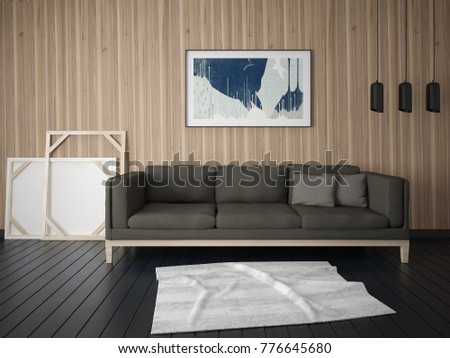 
Mock up a modern living room with a stylish sofa on a trendy background, 3d rendering.