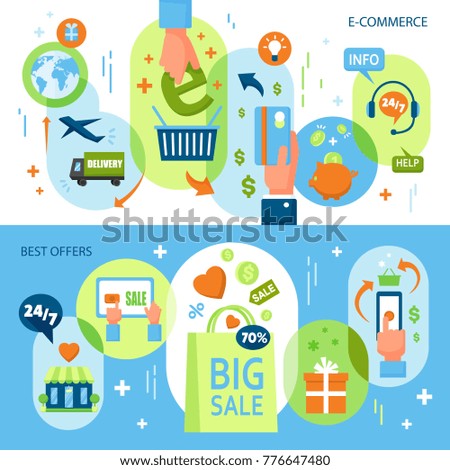 Online shopping horizontal banners with e-commerce colorful elements and devices in flat style  illustration