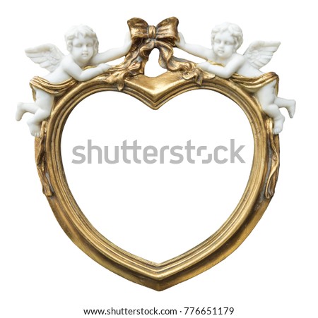 baroque gilded fhoto frame in form of heart with cupids on isolated background