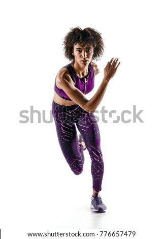 Young african girl runner in silhouette isolated on white background. Dynamic movement. Sport and healthy lifestyle. 