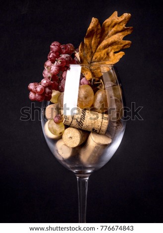 Wine glass grapes wine stopper, maple leaves in the smoke