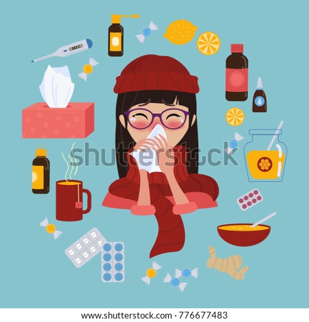 Young girl in glasses and red hat caught cold flu or virus. With red nose, high temperature and holds handkerchief. Ways to treat illness in a circle around. Vector isolated objects on blue background Royalty-Free Stock Photo #776677483
