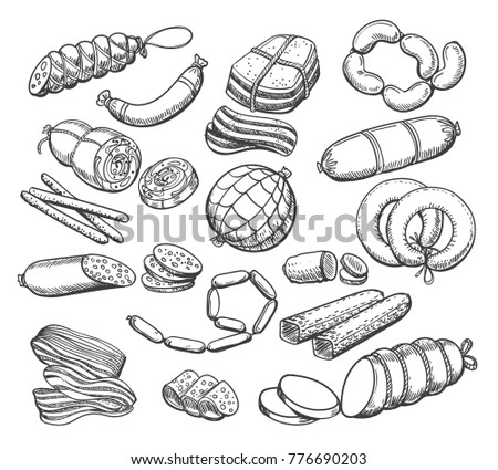 Sausages sketch. Vintage sausage and meat food vector doodles, ham and salami, pepperoni and wieners hand drawn vector illustration Royalty-Free Stock Photo #776690203