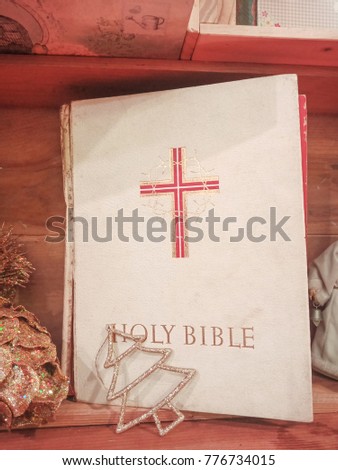 The holy bible with christmas decoration