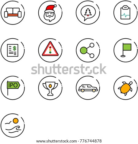 line vector icon set - vip waiting area vector, santa claus, merry christmas message, pulse clipboard, account statement, traffic light road sign, share, flag, ipo, gold cup, limousine, sea turtle