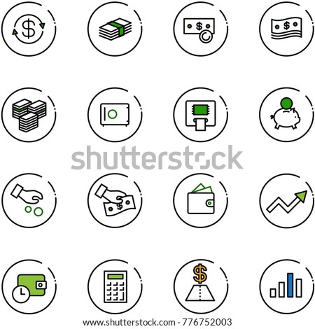 line vector icon set - dollar exchange vector, cash, big, safe, atm, piggy bank, investment, pay, wallet, growth arrow, time, calculator, chart