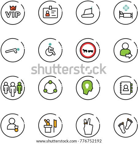 line vector icon set - vip vector, identity, treadmill, hospital bed, push ups, disabled, no cart horse road sign, user login, group, community, head bulb, contact book, winner, speaker, victory