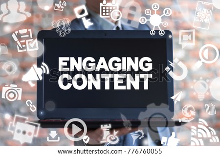 Engaging Content. Content marketing success, marketing mix, social media sharing concept. Businessman offers laptop with engaging content text icon on a virtual interface.