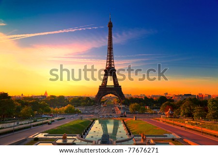 Sunrise in Paris, with the Eiffel Tower Royalty-Free Stock Photo #77676271