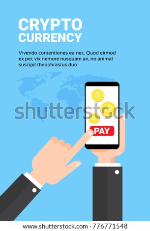 Business Man hand Holding Smart Phone Pay With Bitroins Exchange Mobile Banking Crypto Currency Technology Concept Vector Illustration